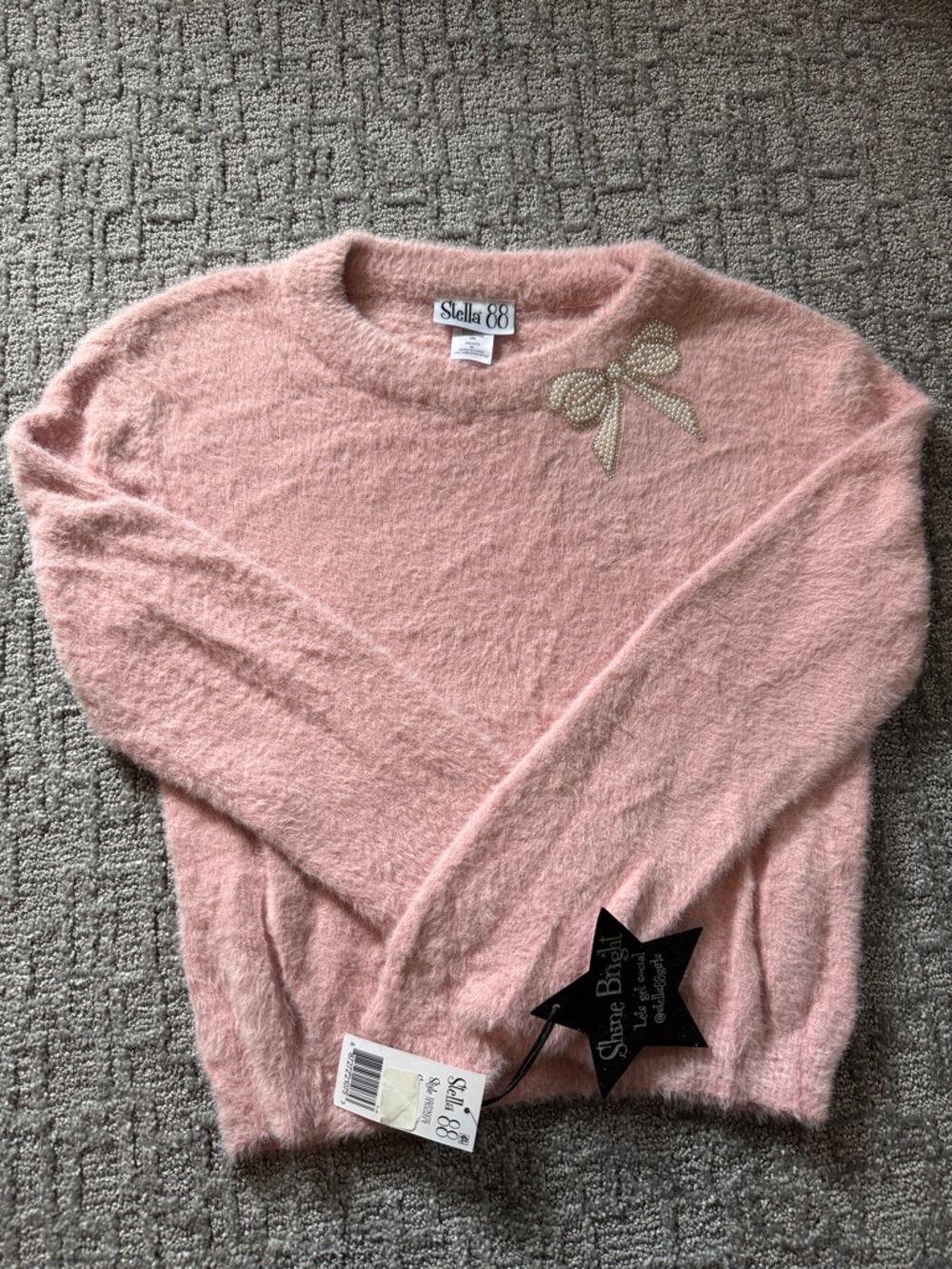 Stellah Soft Pink Fuzzy Sweater with Pearl Bow